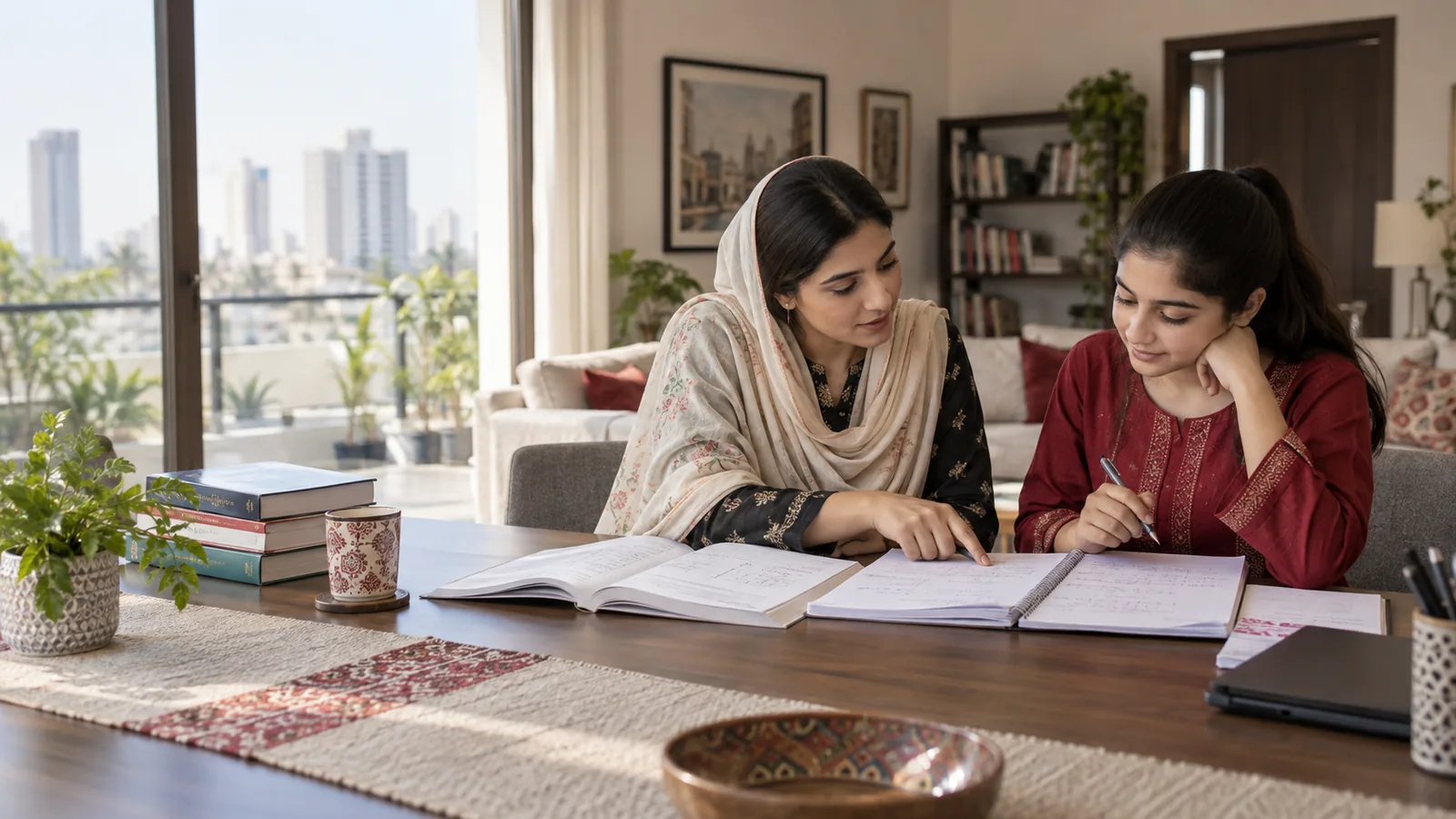 Female home tutor helping a student study in Karachi