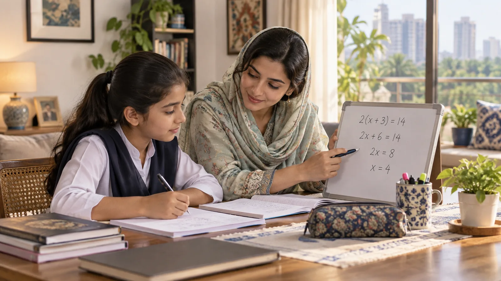 Pakistani home tutor teaching a school student mathematics in Karachi